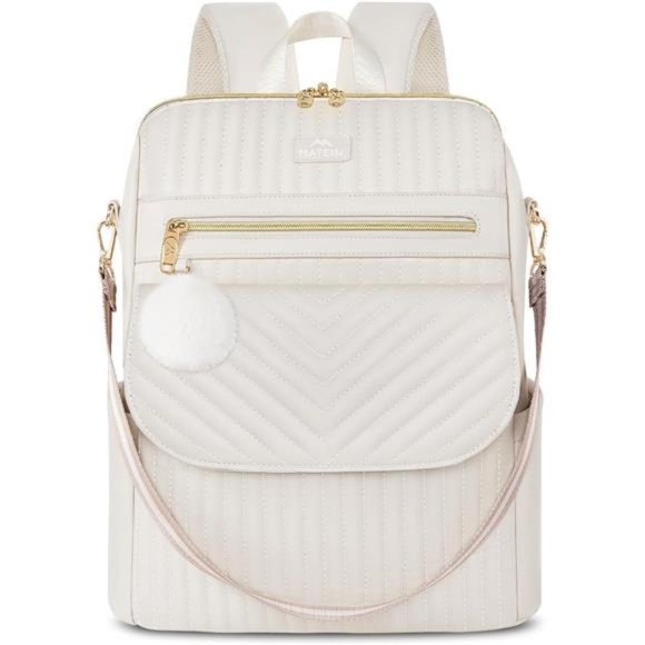 Handbags - Quilted Laptop Backpack for Women Beige